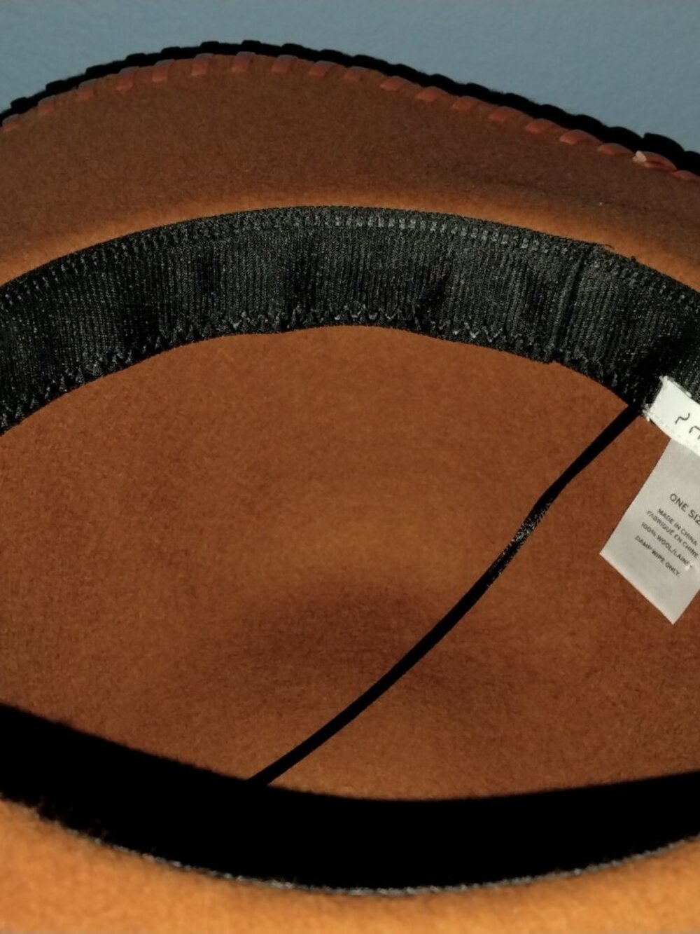 Wide Brim Hat, Cognac Wool with Faux Leather Trim by Phase 3, Boho Chic - Picture 8 of 10